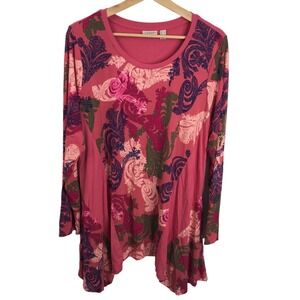 LOGO Lori Goldstein Pieced Tunic‎ Shirt Blouse women Size L Rayon Pink Floral